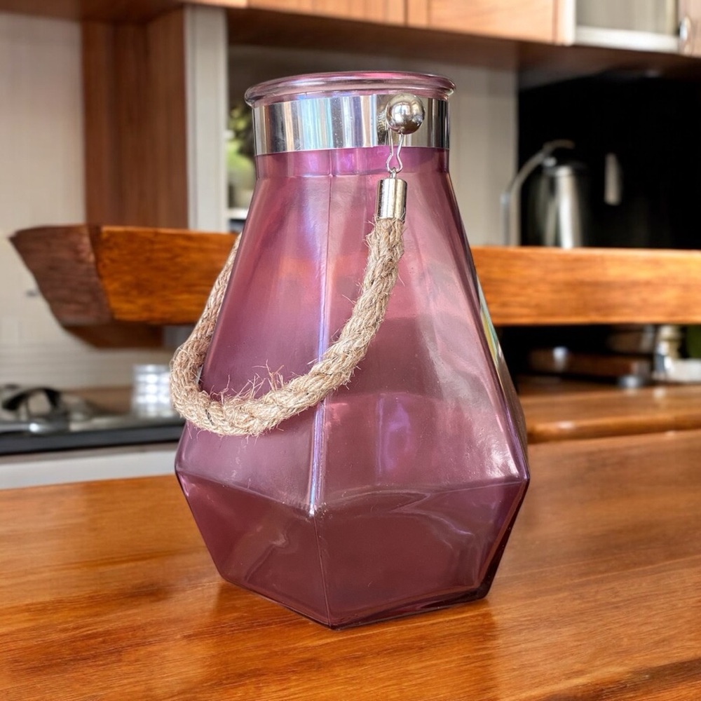 Pinkish Purple Geometric Glass Vase with Rope Handle